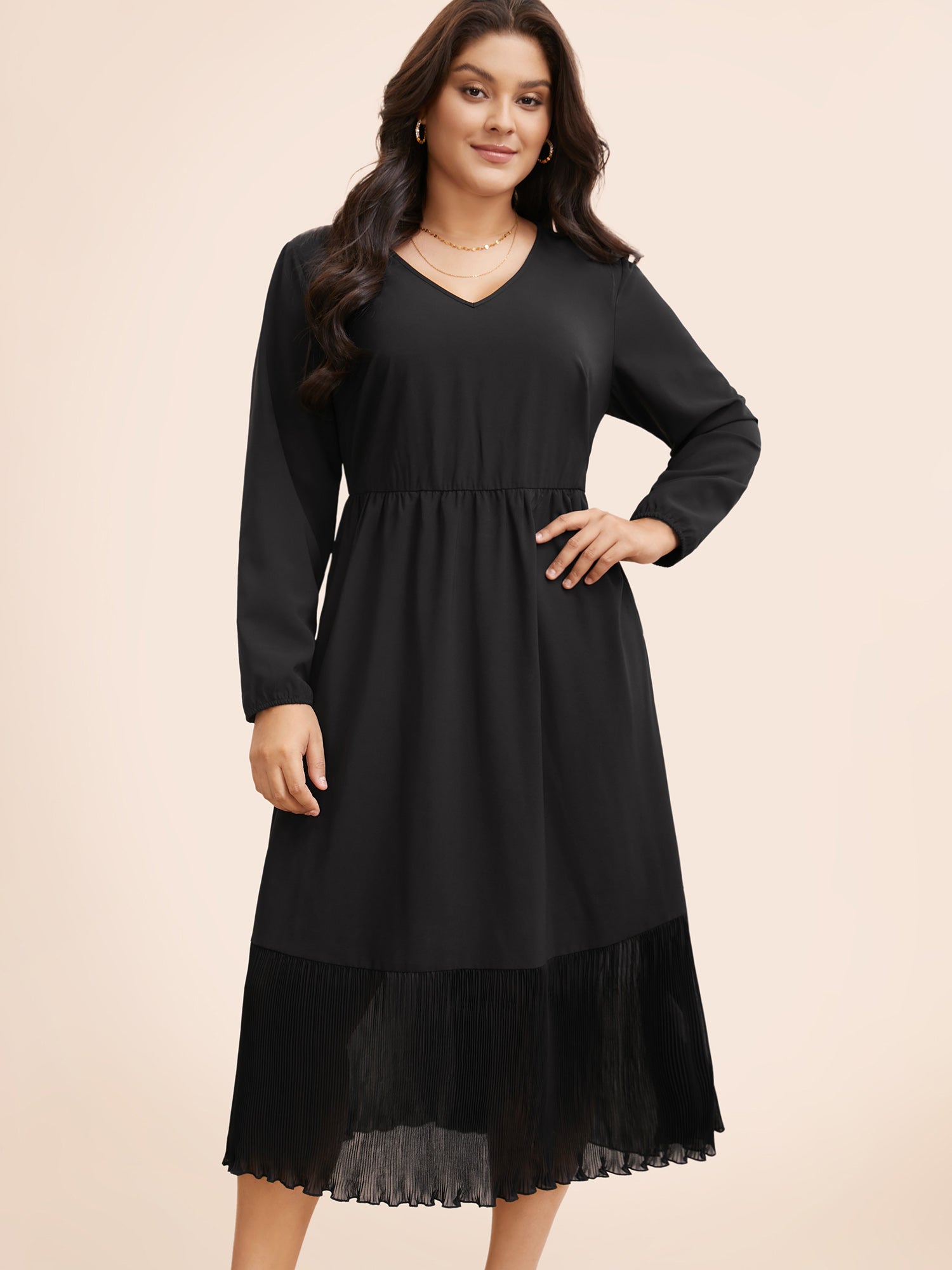 Mesh Patchwork Lantern Sleeve Pleated Dress