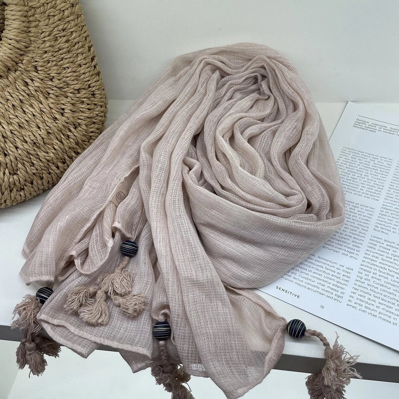 New High-end Ethnic Linen Wooden Beads Hanging Shawl Sunscreen Artistic Cotton And Linen Scarf Women