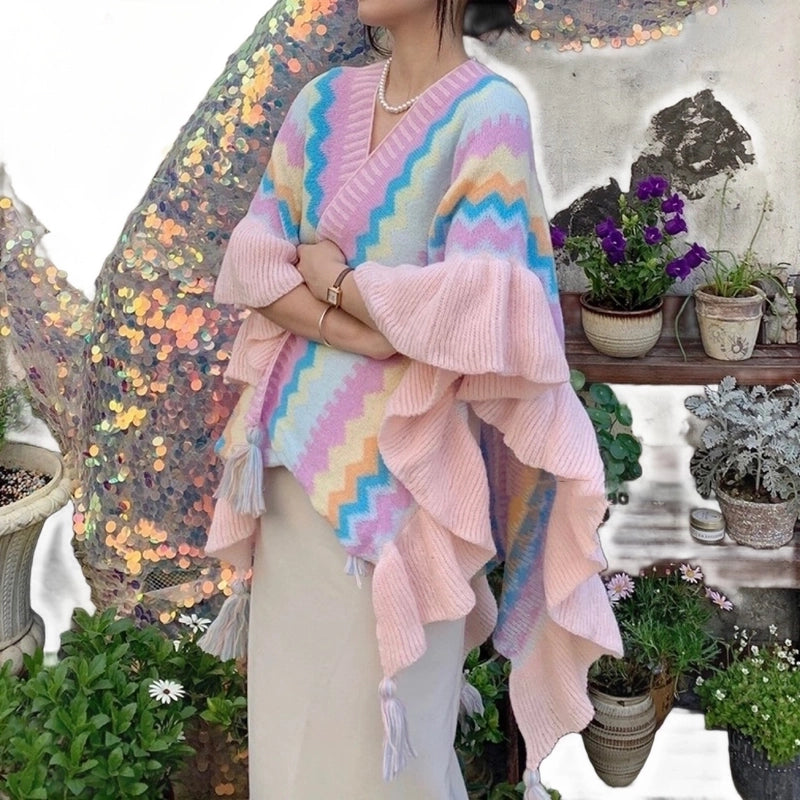 Travel Outside Knitted Shawl Ethnic Style Vintage Cape Cloak Tassel Scarf For Vacation Wear