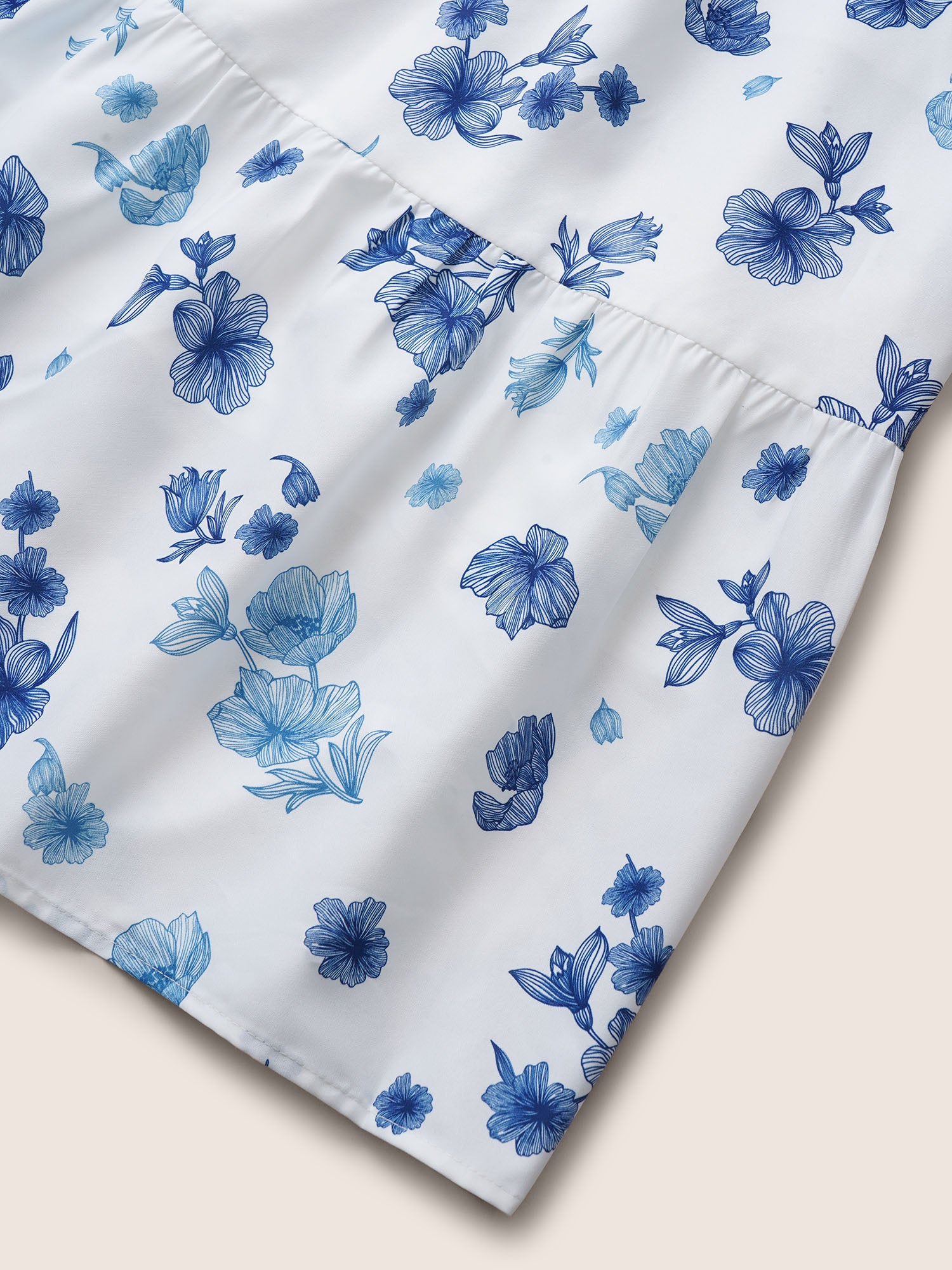 Square Neck Floral Print Pleated Lantern Sleeve Dress
