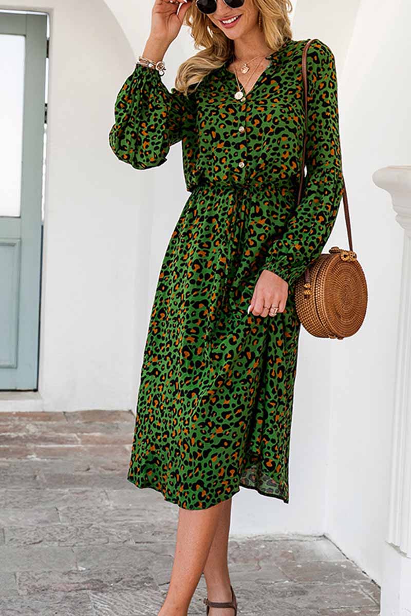 Florcoo Leopard Print V-neck Elegant Midi Dress