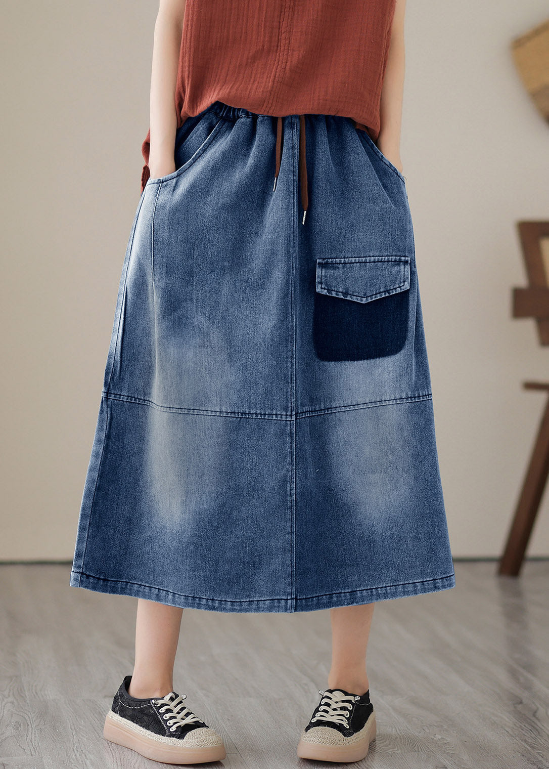 Women Blue Patchwork Drawstring Elastic Waist Denim Skirts Summer