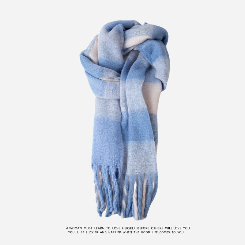 Blue Plaid Student Warm Big Scarf Women's Winter New Versatile  Shawl Outer Wear Dual-use Scarf