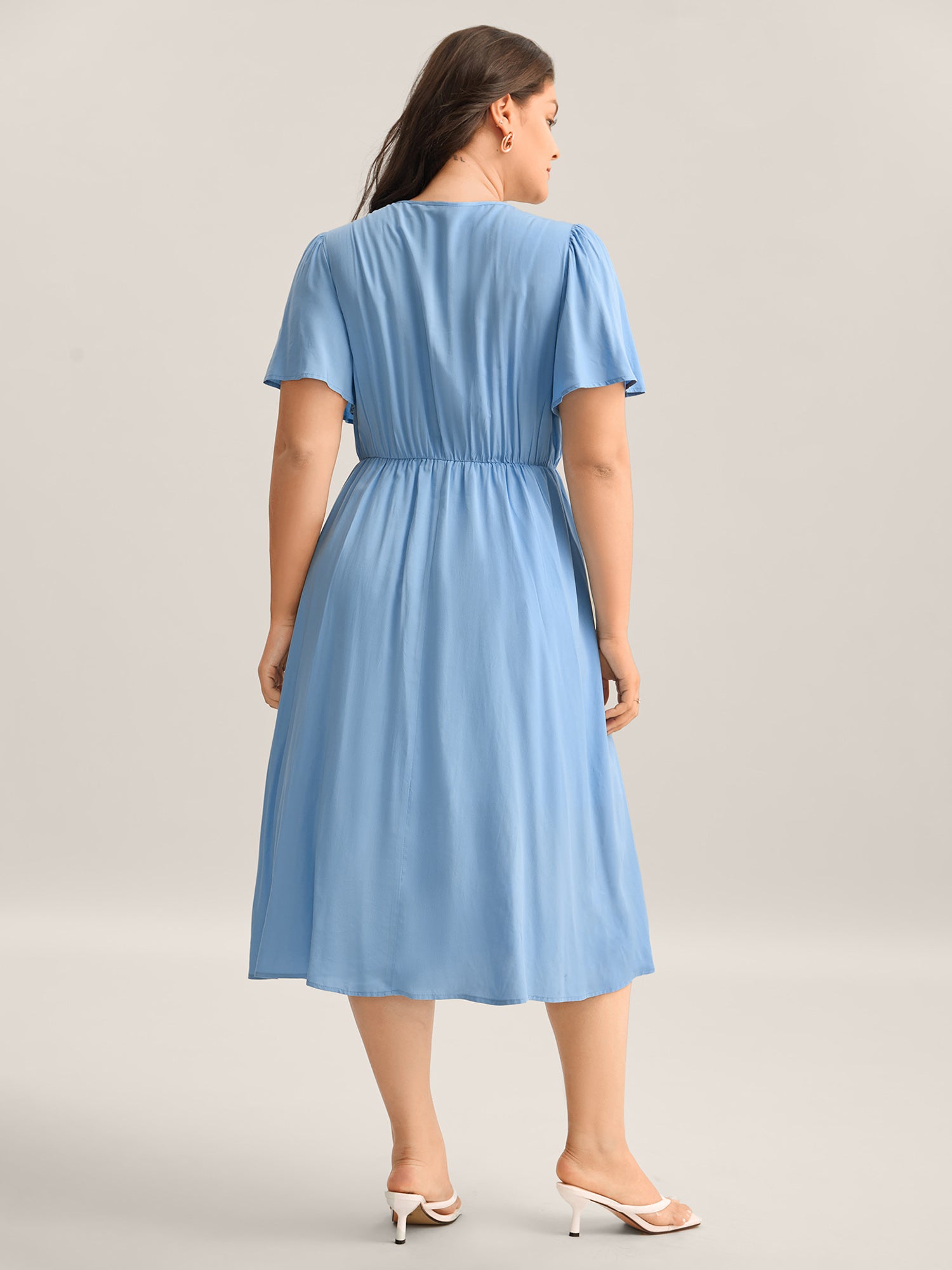 Rayon Floral Detail Cinched-Waist Midi Dress