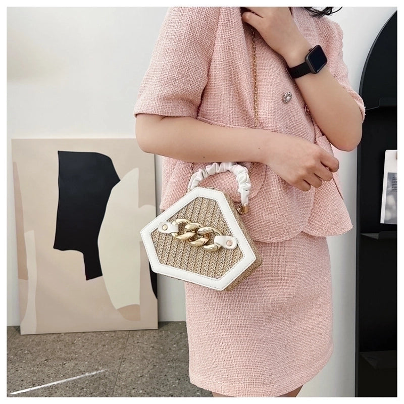 Women's Small Straw Geometric Classic Style Lock Clasp Straw Bag