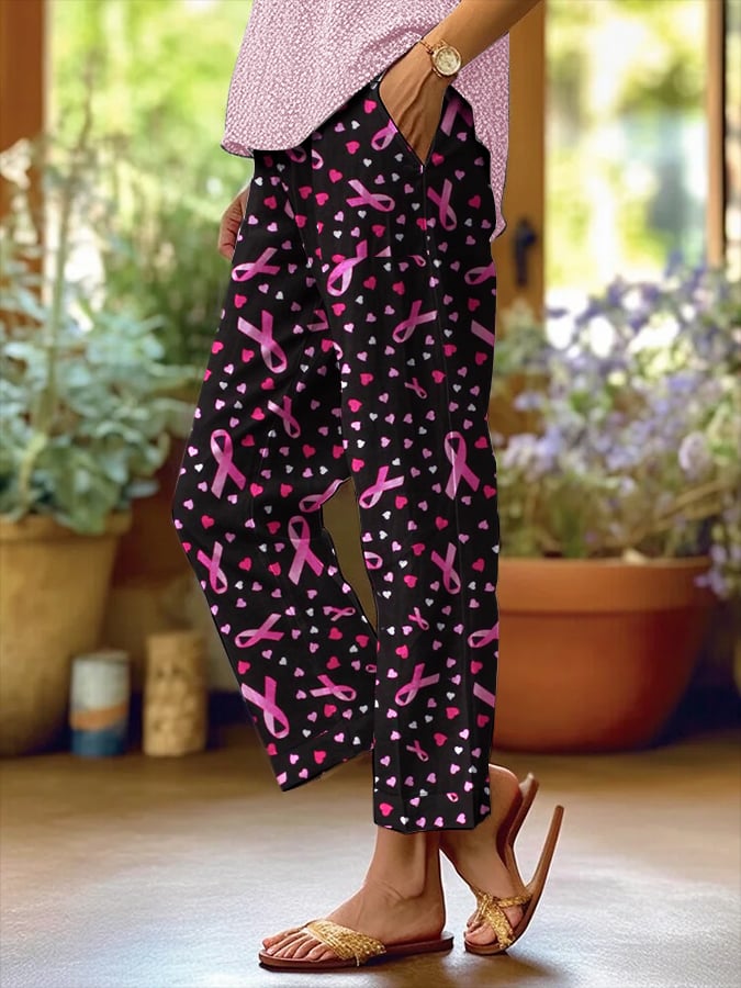 Womens Breast Cancer Awareness Flowers Print Trousers