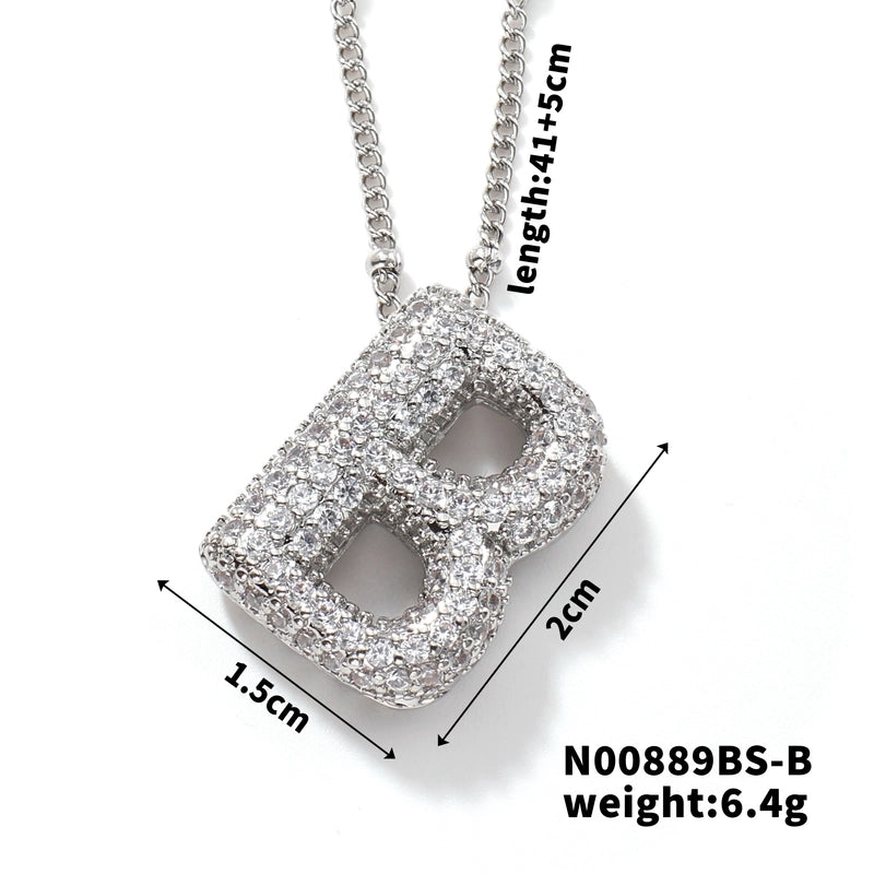 304 Stainless Steel Copper Rhodium Plated Three-dimensional Inlay Letter Zircon Pendant Necklace