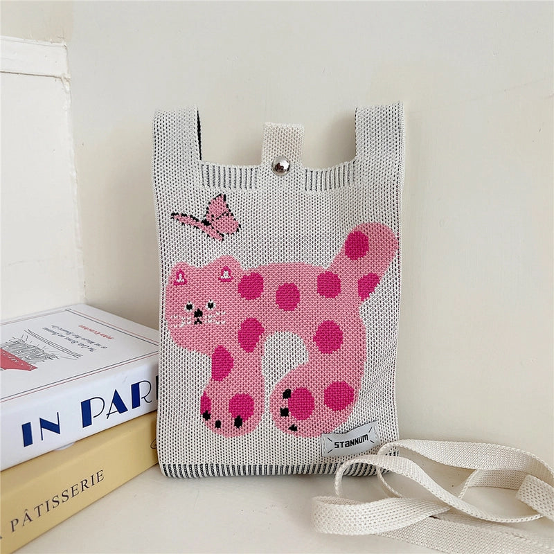 Women's Small Knit Cartoon Cute Bucket Magnetic Buckle Phone Wallets