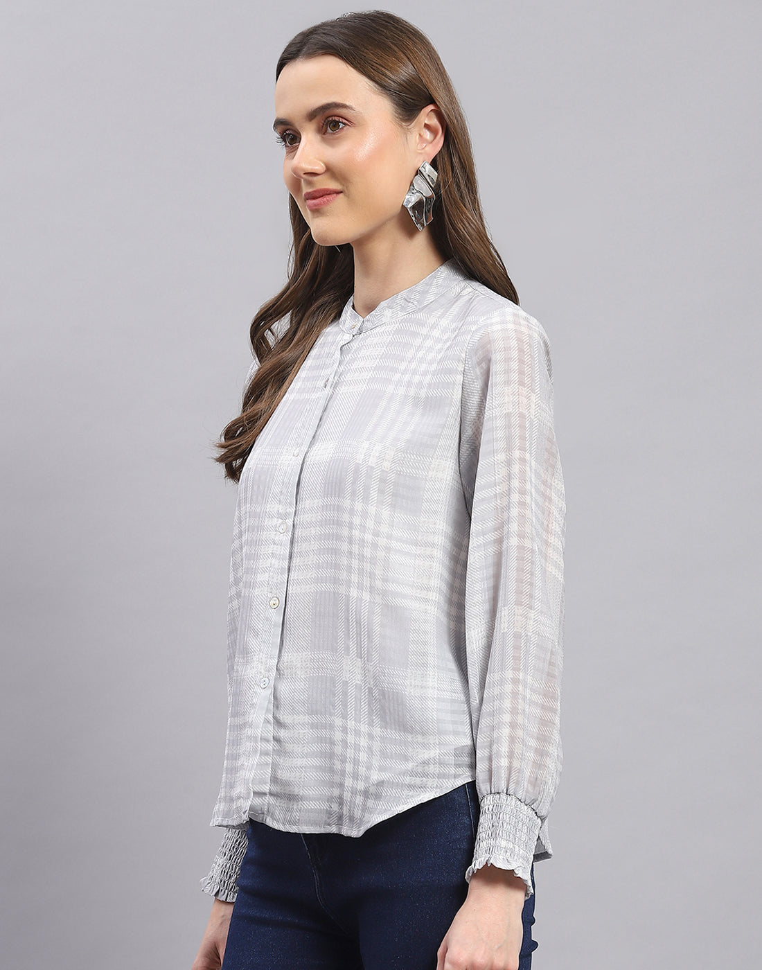 Women Grey Check Mandarin Collar Full Sleeve Top