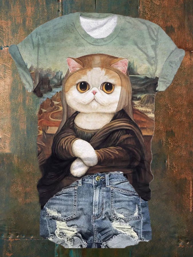 Women's Funny Mona Lisa Cat Print Tee