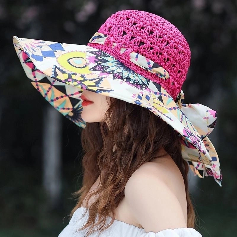 Women's Minimalist Color Block Printing Big Eaves Sun Hat