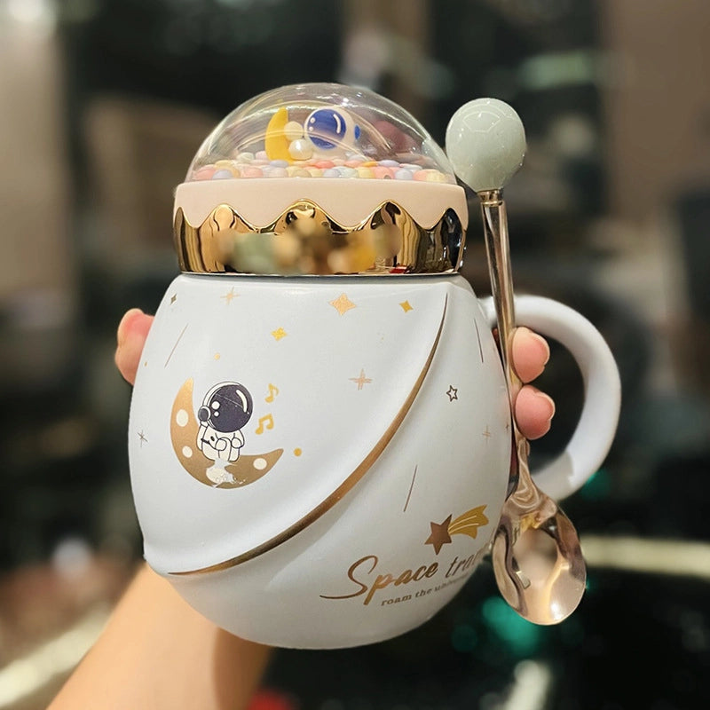 2 Pieces Astronaut Series Space Mug With Lid And Spoon Ceramic Couple Water Cup Girl Gift Set Boyfriend Gift