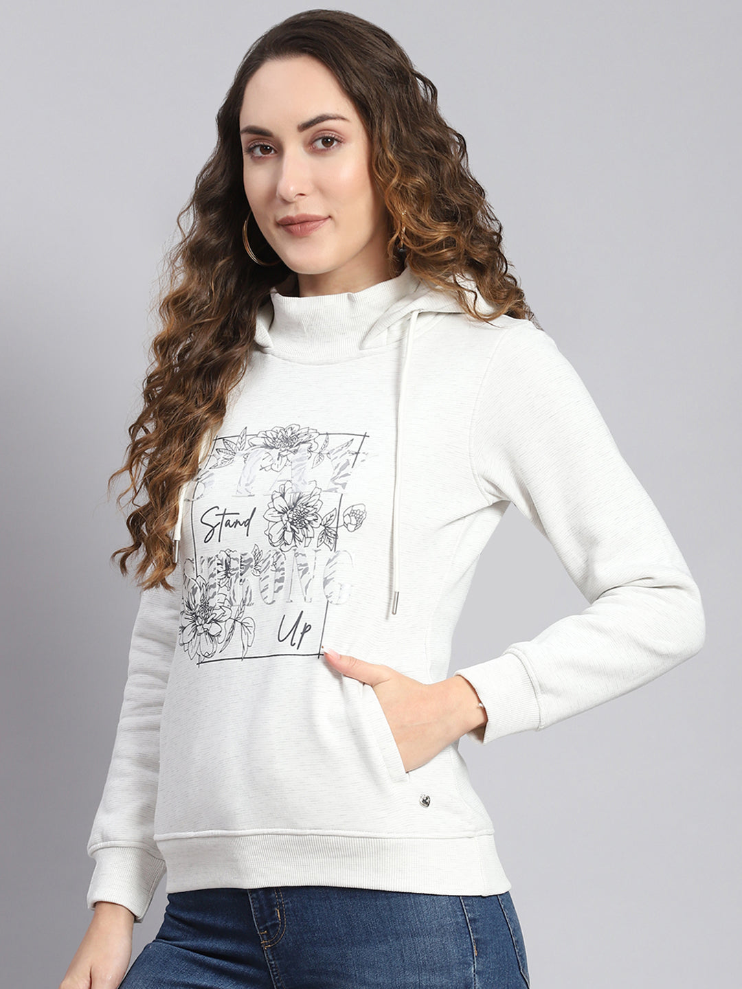 Women Off White Printed Hooded Full Sleeve Sweatshirts