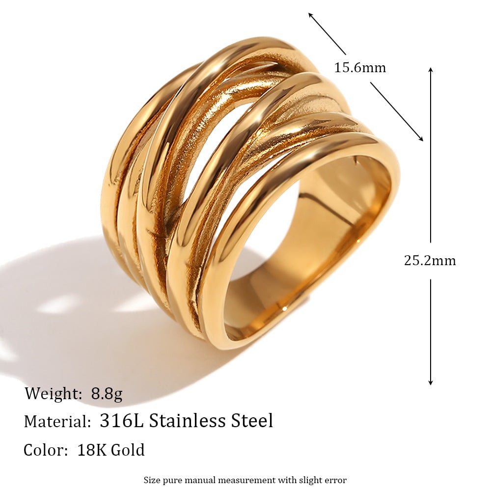 Vintage Fashion Retro Stripe Circle Geometric Stainless Steel 18K Gold Plated Rings