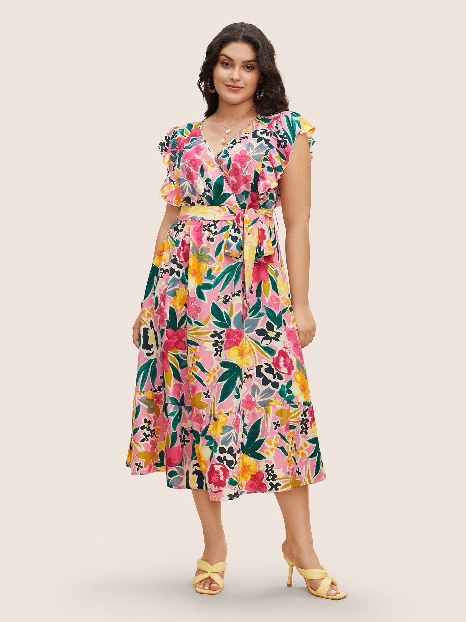 Floral Wrap Patchwork Ruffle Cap Sleeve Dress