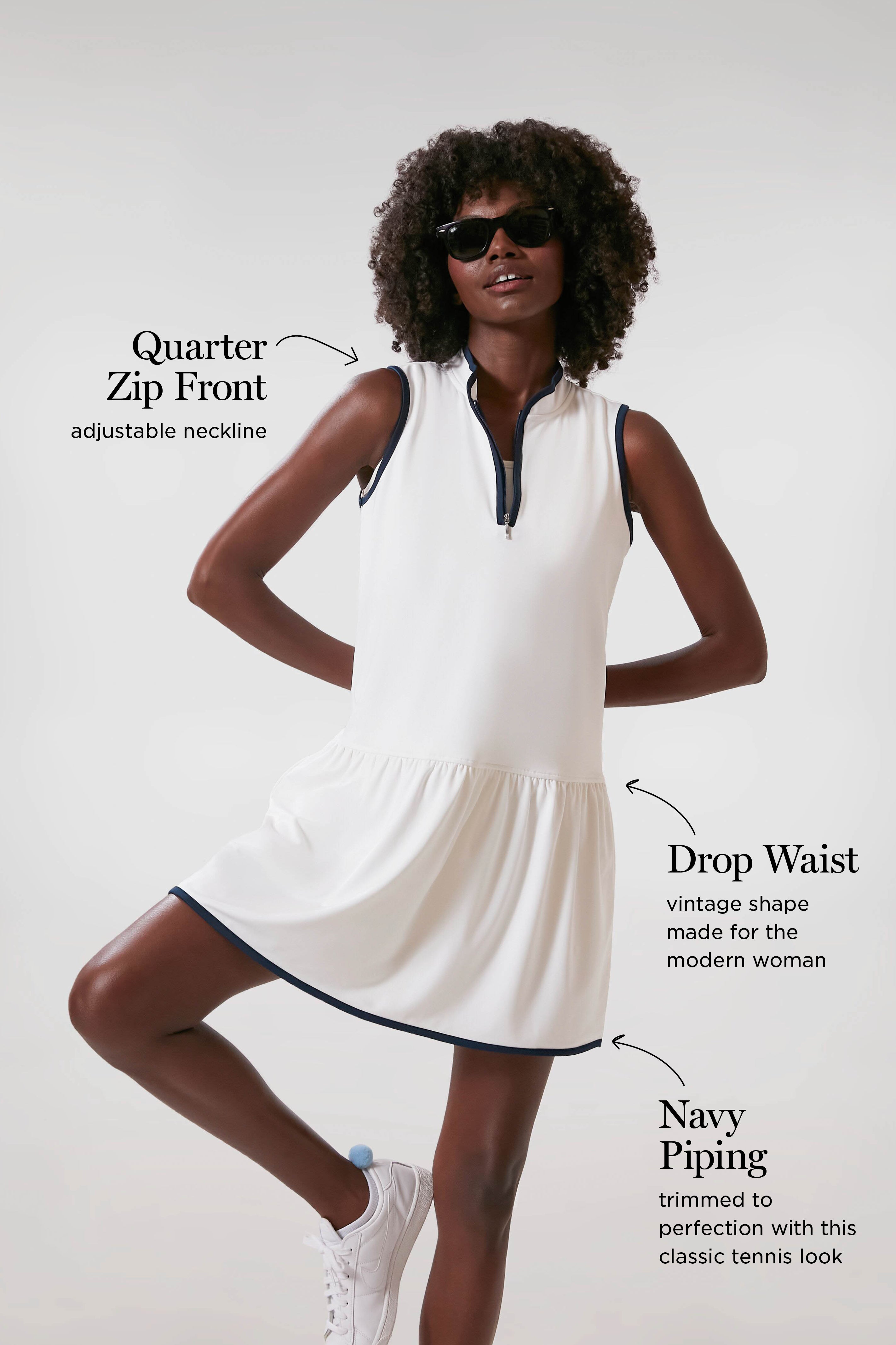 White and Navy Quarter-Zip Tennis Dress