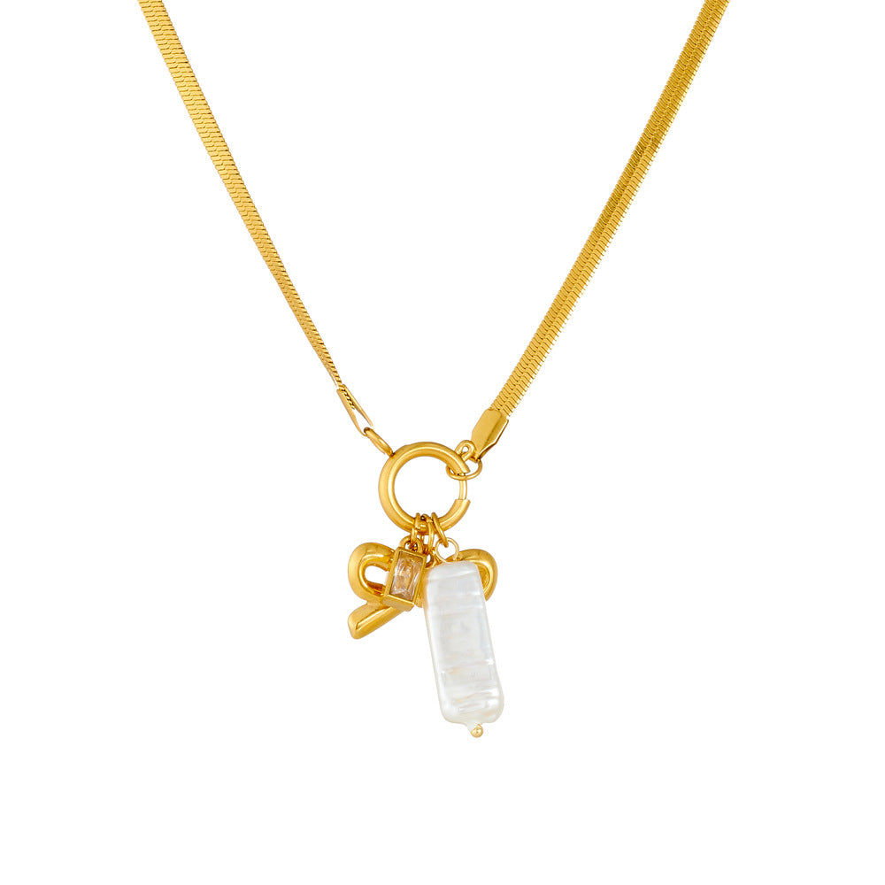 Fashion Retro Gold-Plated Stainless Steel Chain Bow Heart Pearl Pendant Accessories Necklace