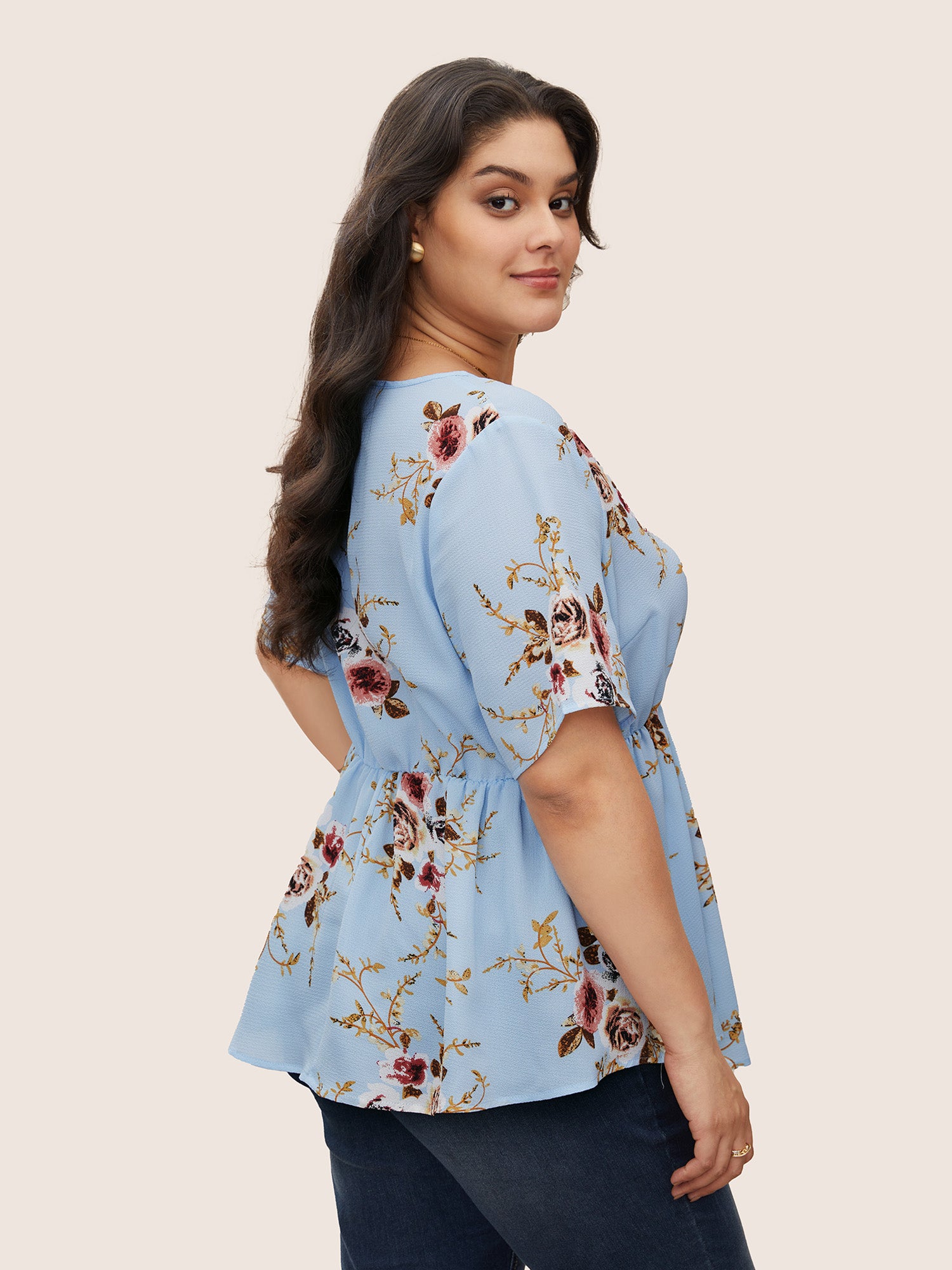 Floral Print Wrap Ruffles Asymmetrical Hem Blouse