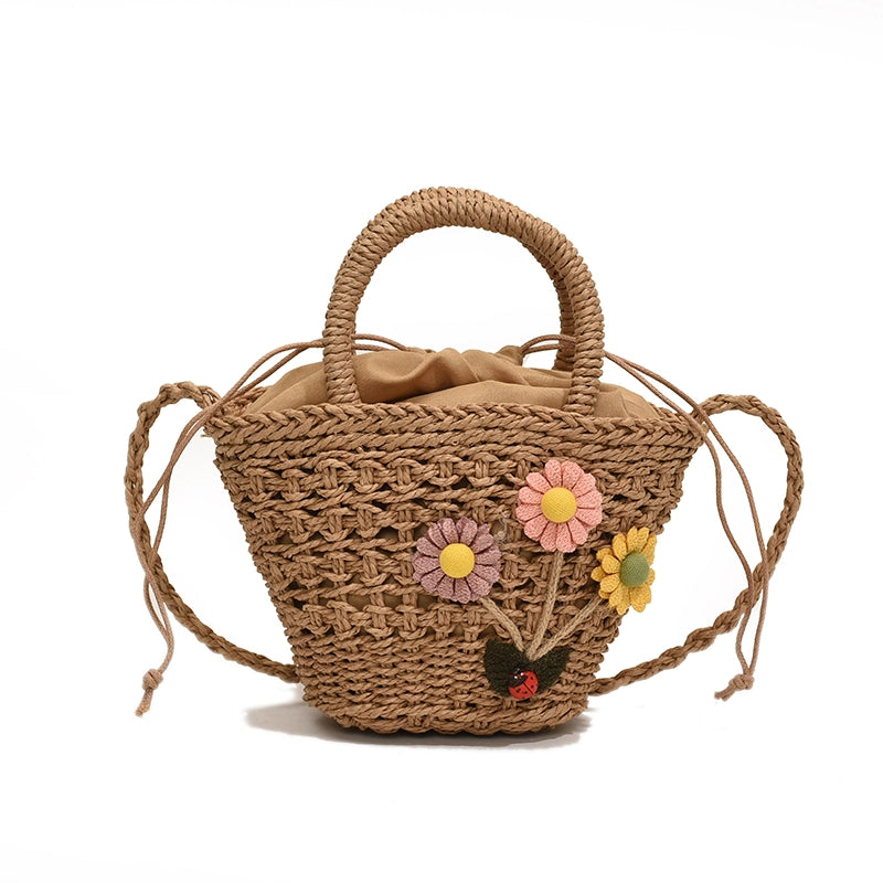 Women's Medium Straw Solid Color Flower Vacation Beach Weave Bucket String Straw Bag