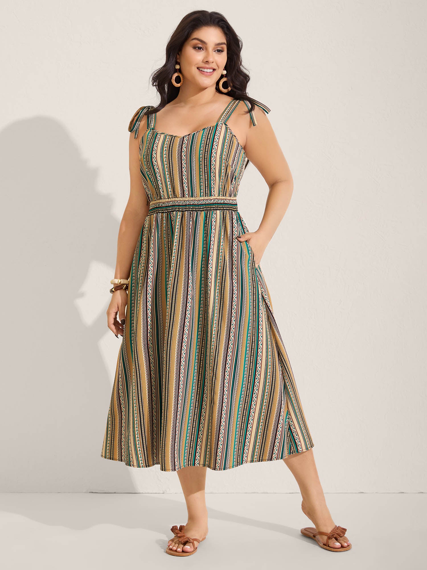 Boho Stripe Knotted Straps Midi Dress