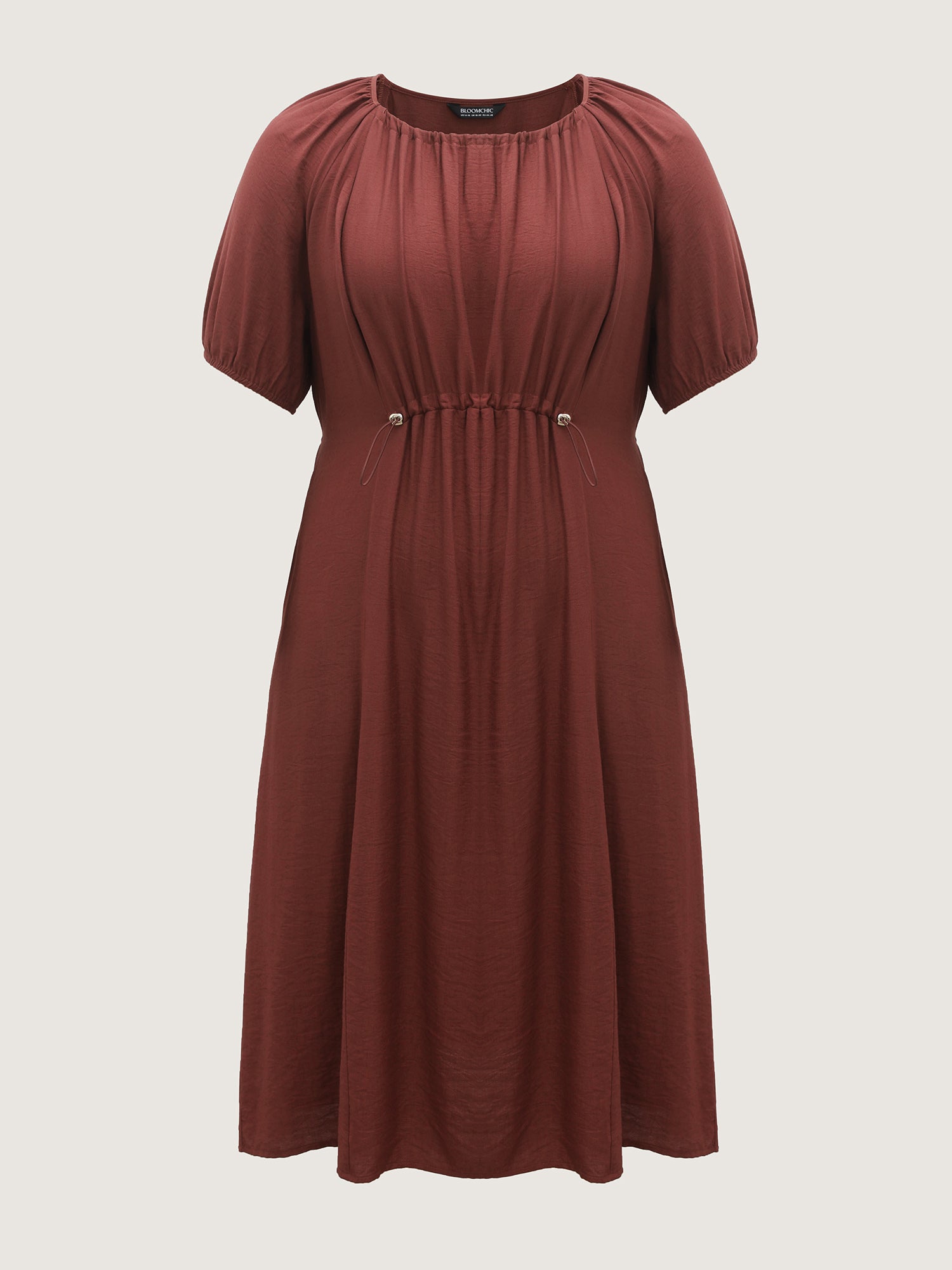 Rayon Pleated Waist-Cut Midi Dress