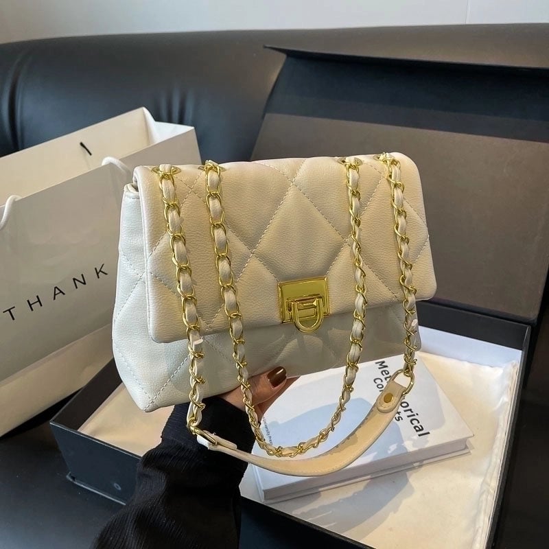 Women's Lingge Classic Style Sewing Thread Square Lock Clasp Shoulder Bag