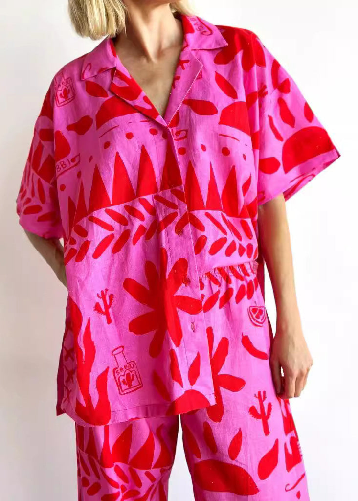 Plus Size Rose Print Shirts And Wide Leg Pants Two Pieces Set Short Sleeve