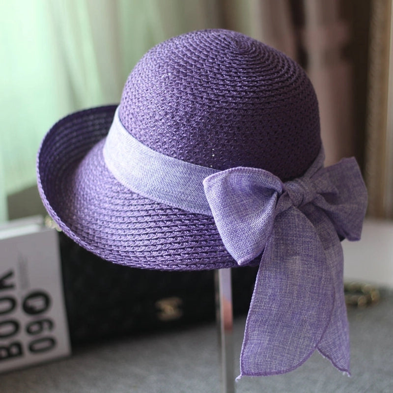 Women's Classic Style Solid Color Bow Knot Big Eaves Straw Hat