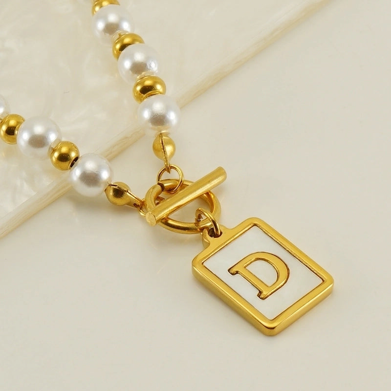 Stainless Steel 18K Gold Plated Elegant French Style Pearl Plating Inlay Letter Shell Pendant Necklace