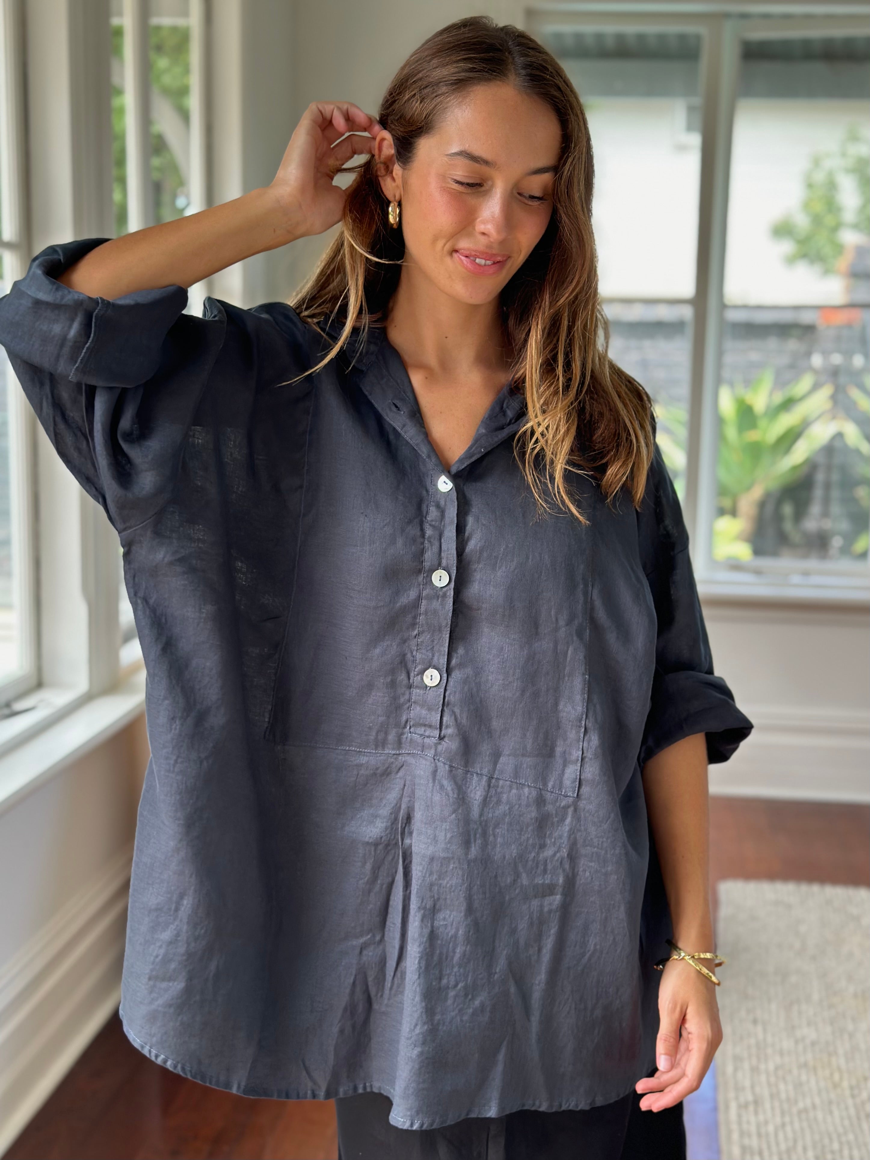 megan shirt-charcoal linen