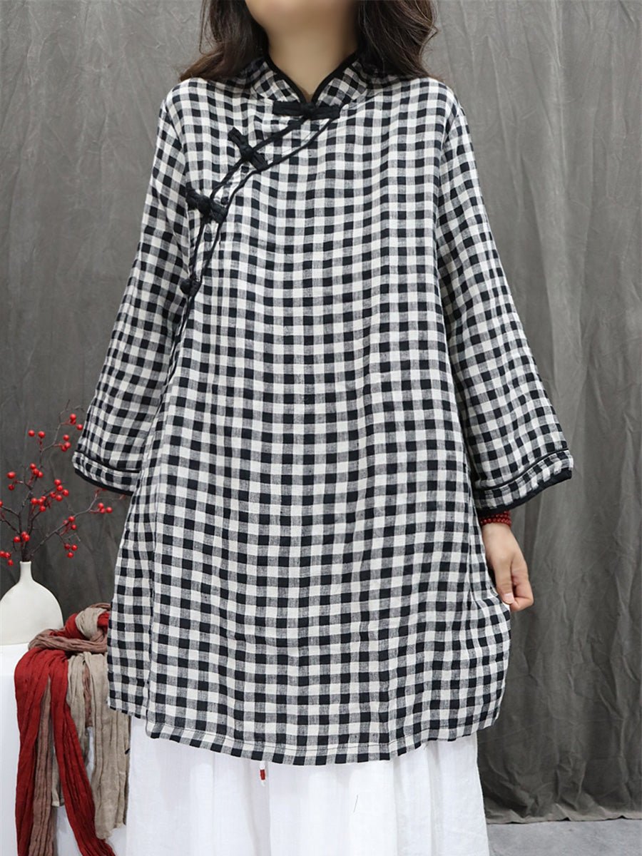Women Summer Ethnic Plaid Stand Collar 100%Linen Shirt