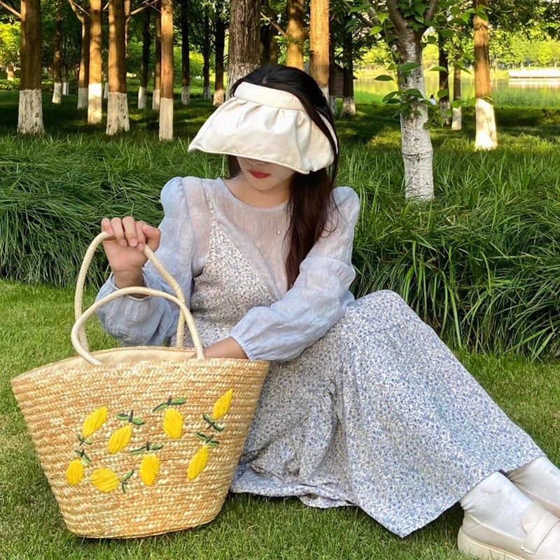 Women's Large Straw Lemon Vacation Beach Weave String Straw Bag