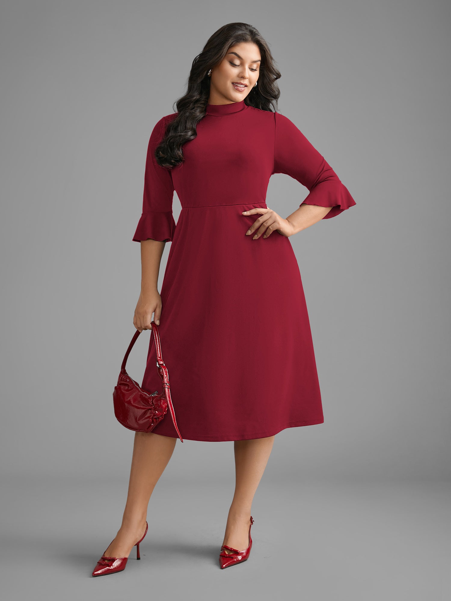 Mock Neck Flutter Sleeve Knit Dress