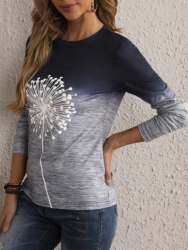 Women's T shirt Tee Print Daily Casual Long Sleeve Crew Neck Navy Blue Spring Fall