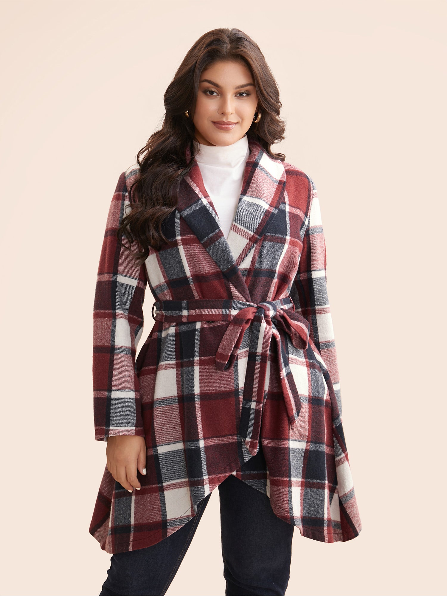 Plaid Asymmetrical Hem Belted Coat