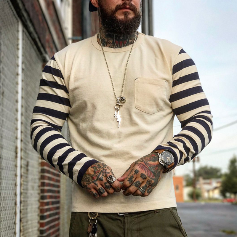 Retro patch pocket long sleeve Casual T-shirt