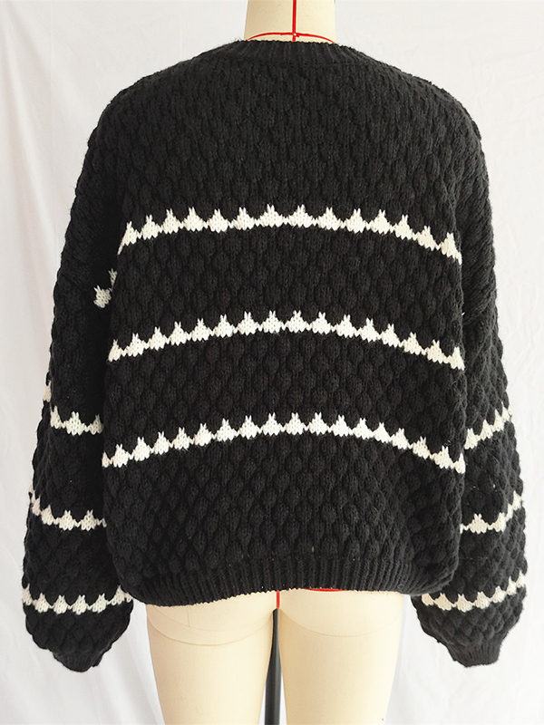 Loose Puff Sleeves Split-Joint Round-Neck Sweater Tops