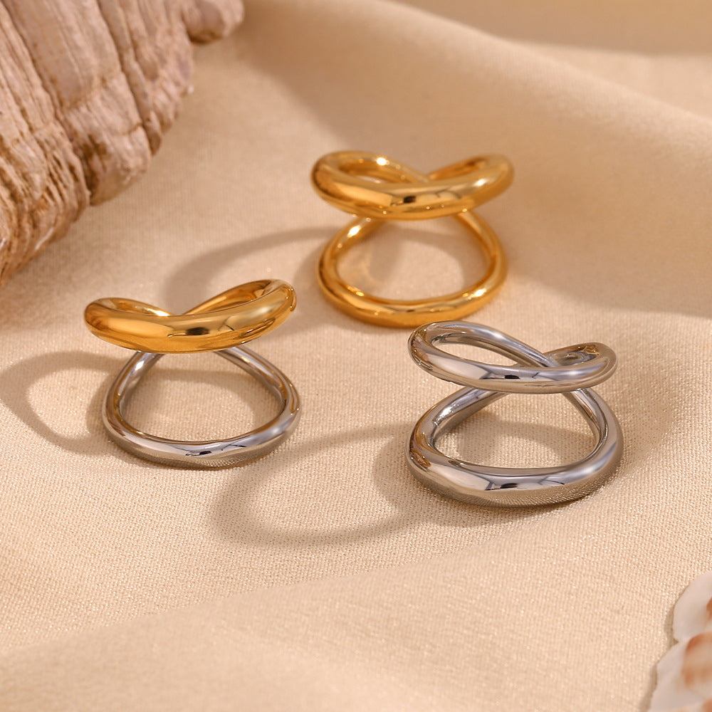 Simple Niche Design All-Match Hand Jewelry Stainless Steel Plated 18K Gold Gold Cross Line Double Layer Ring