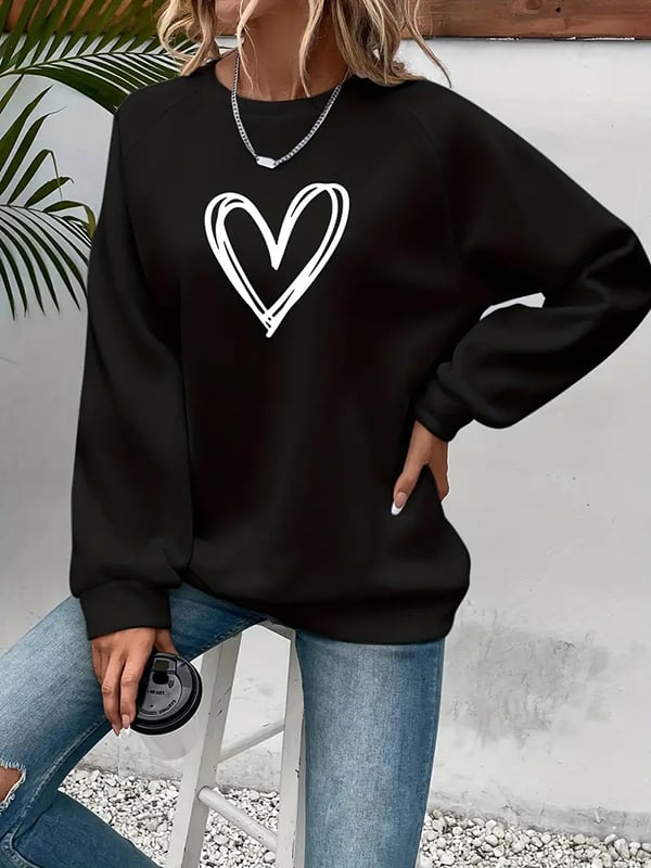 Long Sleeves Loose Heart Print Split-Joint Round-Neck Sweatshirt Tops
