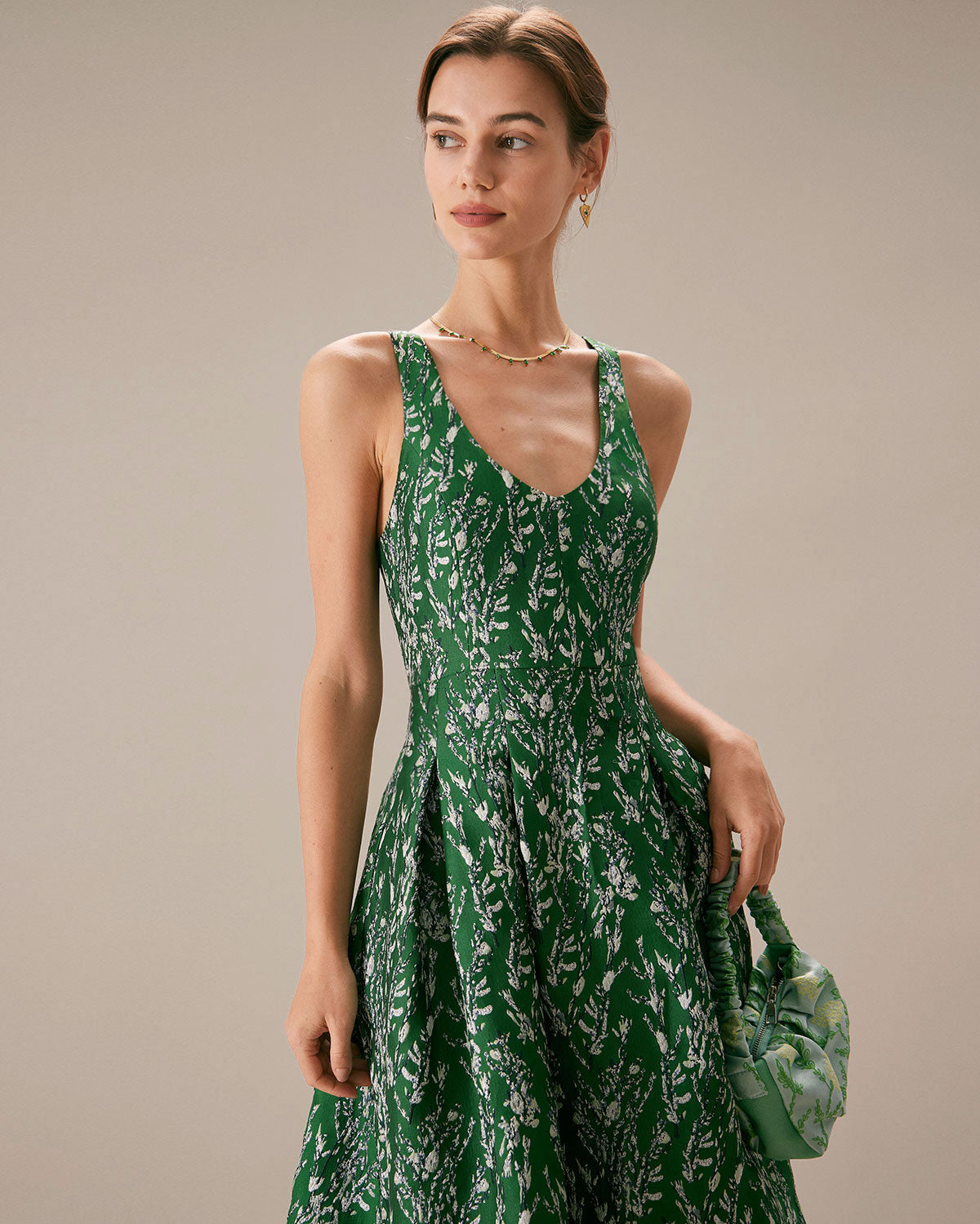 The Green V Neck Floral Pleated Midi Dress