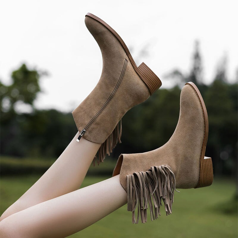 Women's Nubuck?Leather Mid Calf Tassels Boots With Side Zipper In Camel/Khaki