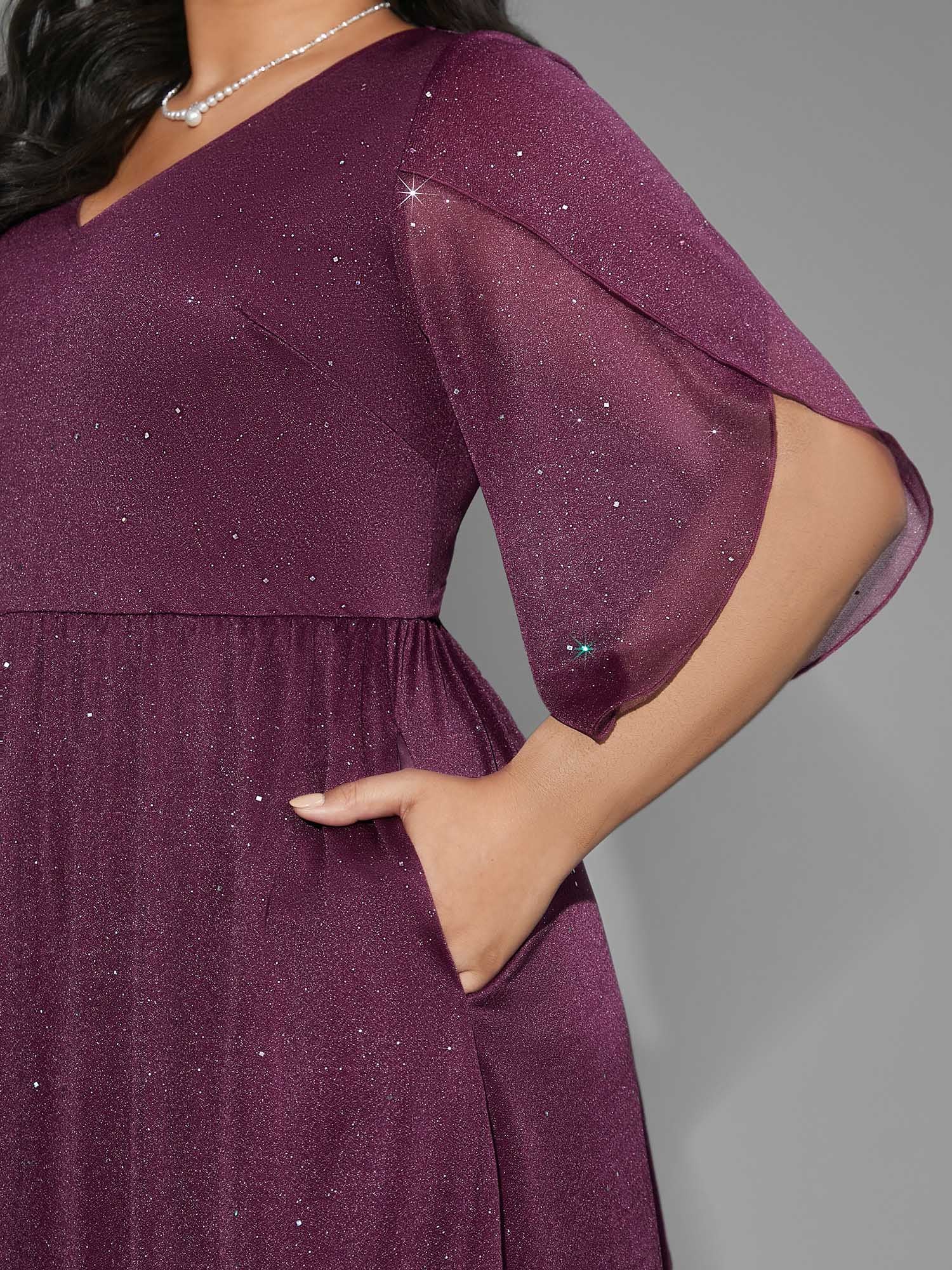 Glitter Mesh Petal Sleeve Midi Dress