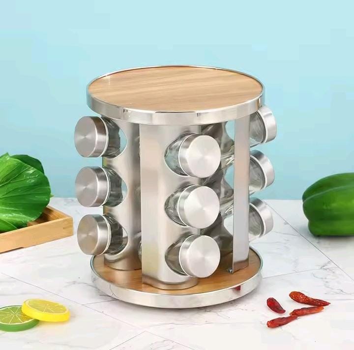 Rotating Spice Rack With Steel And Wood Body