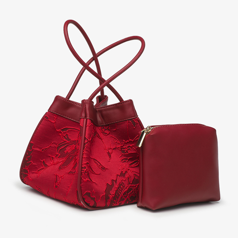 Bridal Red Embroidered  Bucket Bag with Vegetable Basket Design