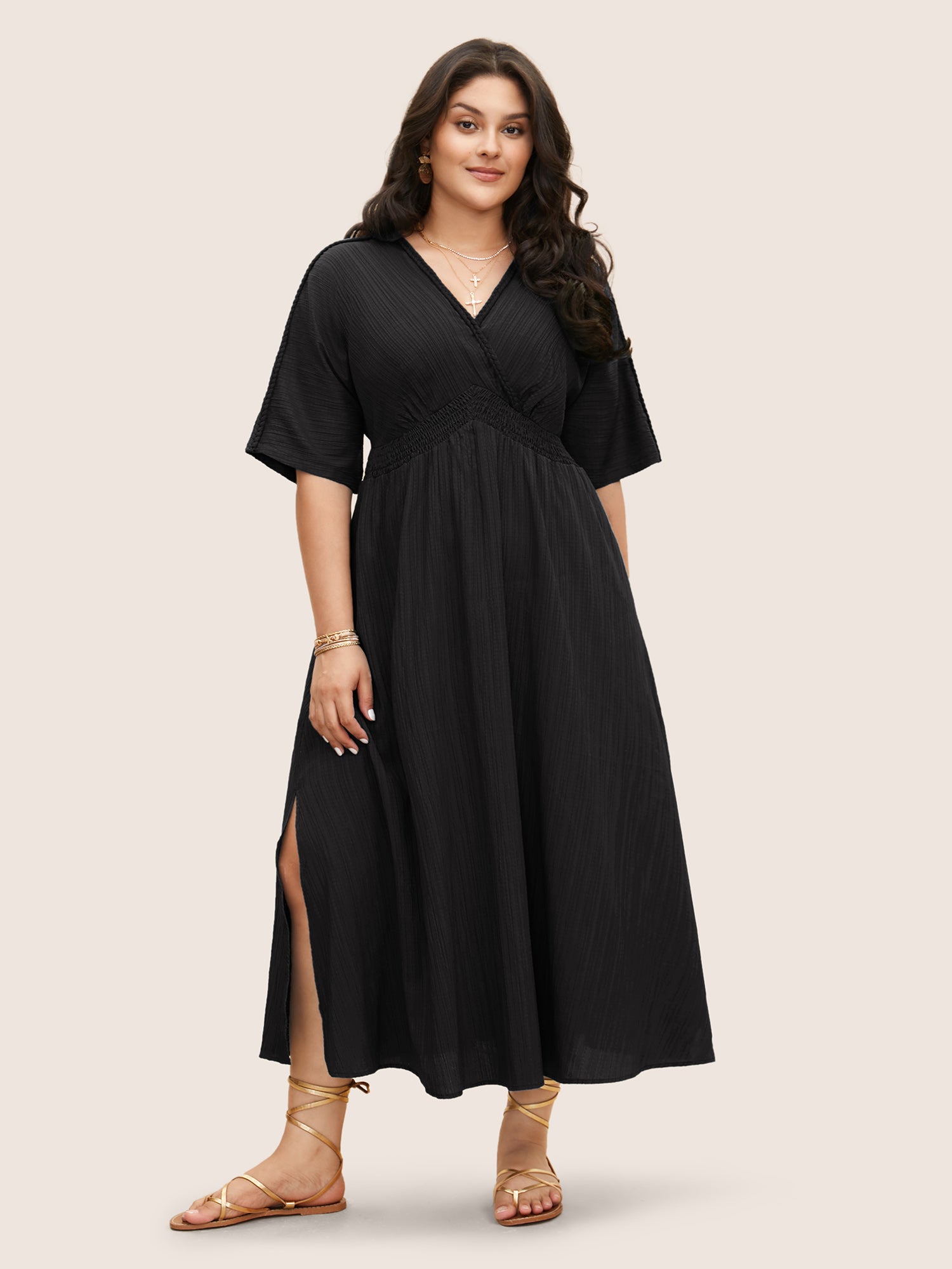 V Neck Shirred Contrast Webbing Split Side Dress