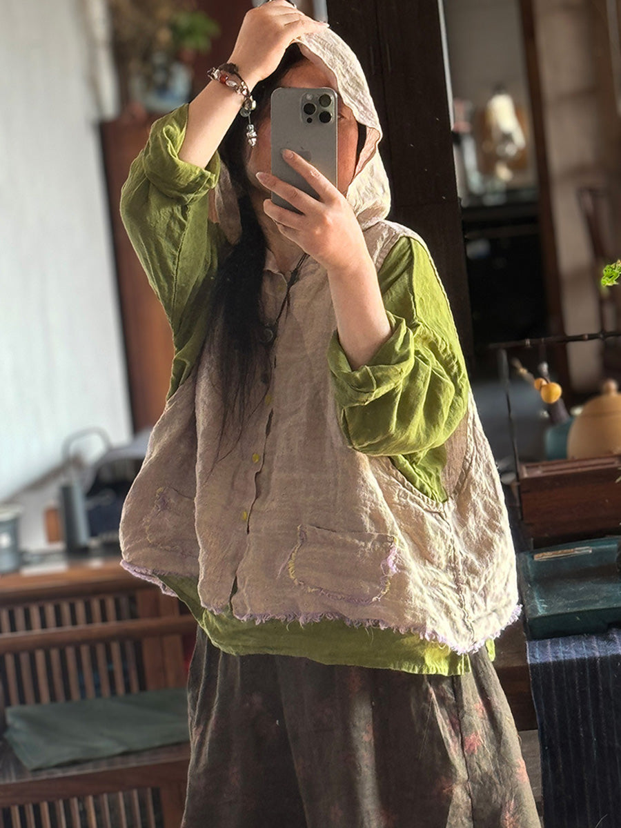 Plus Size Women Summer Vintage Pure Color Hooded Vest