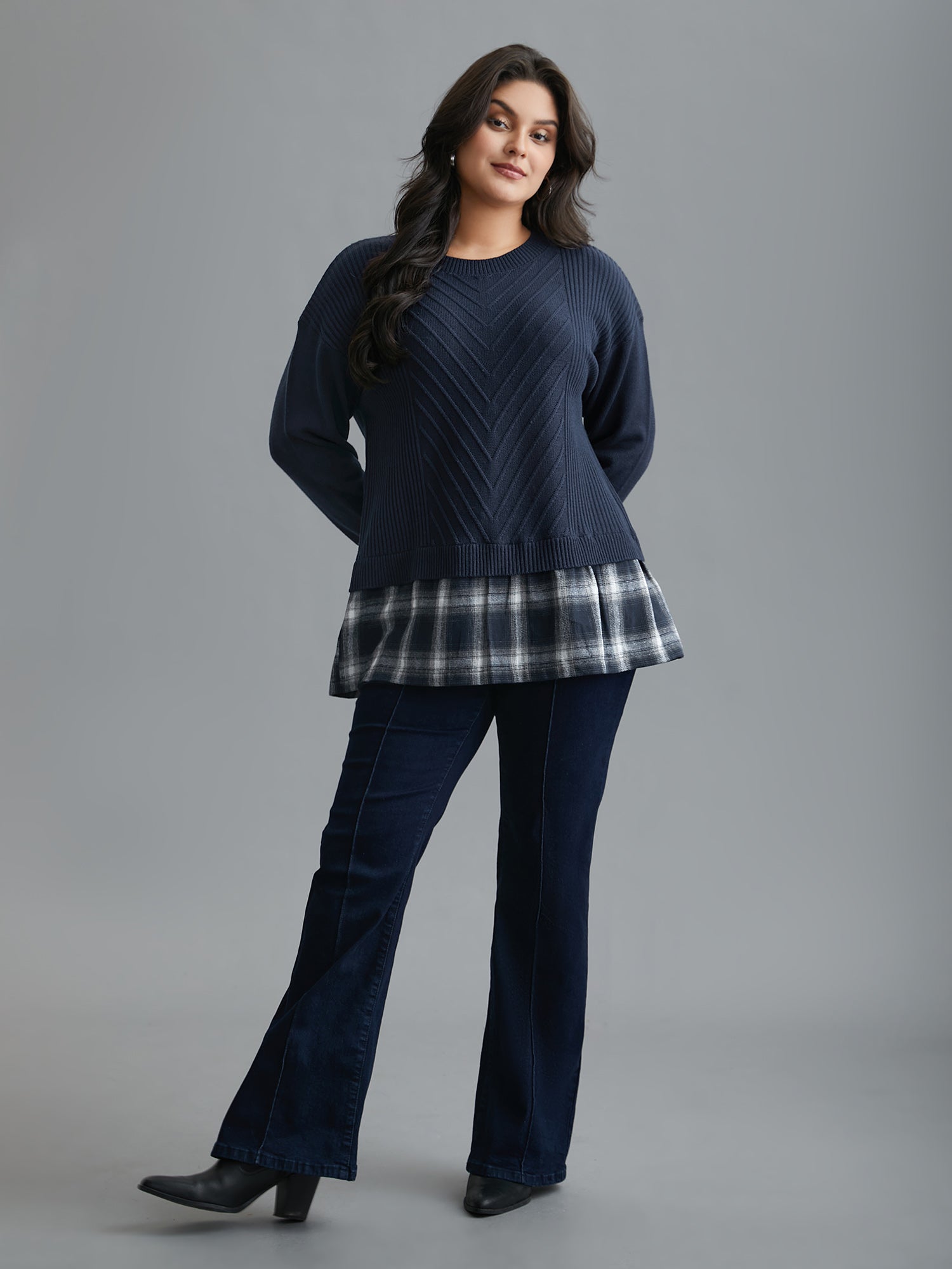 2-In-1 Plaid Patchwork Texture Pullover