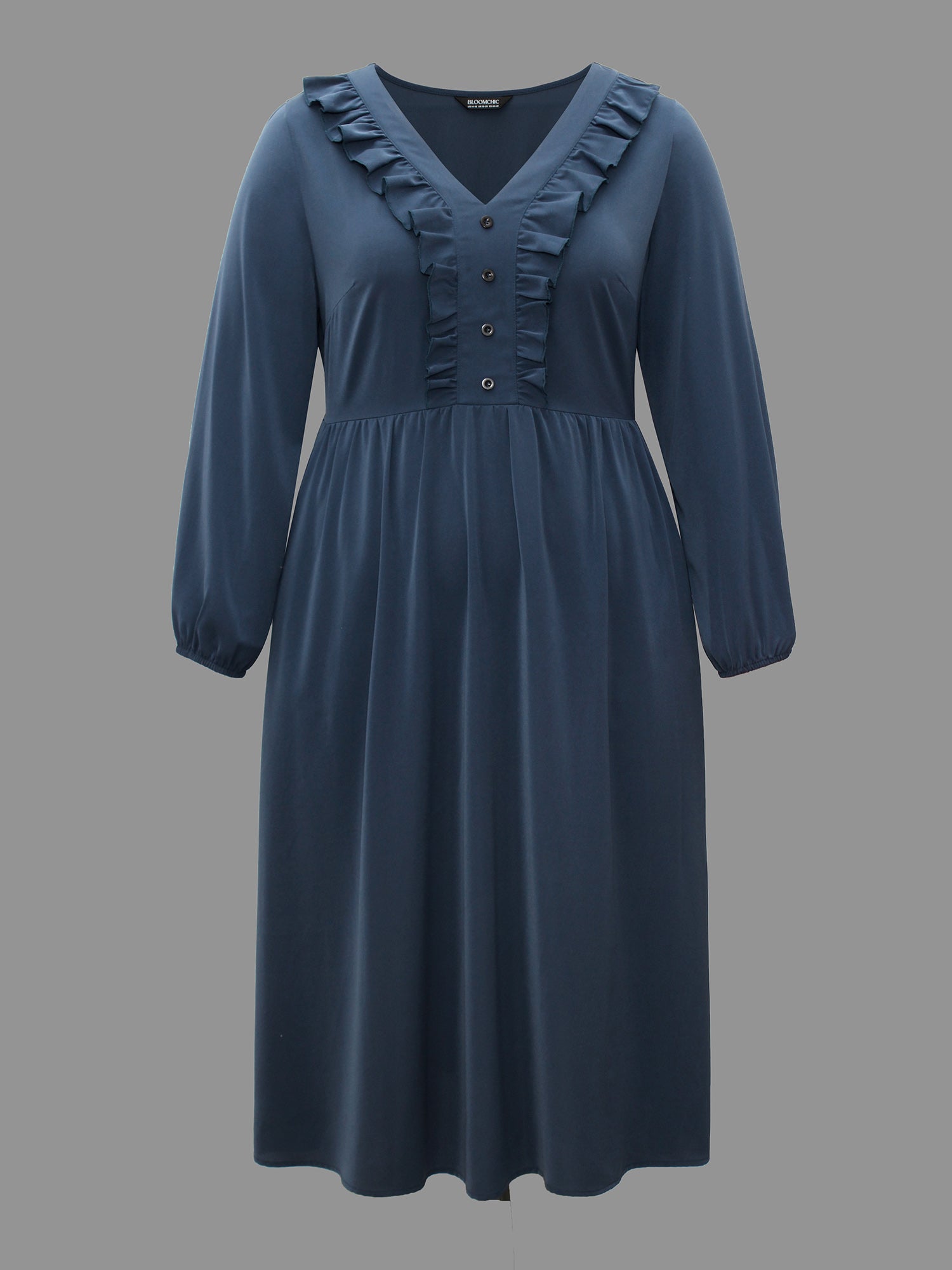 Solid Ruffle Trim Elastic Waist Midi Dress