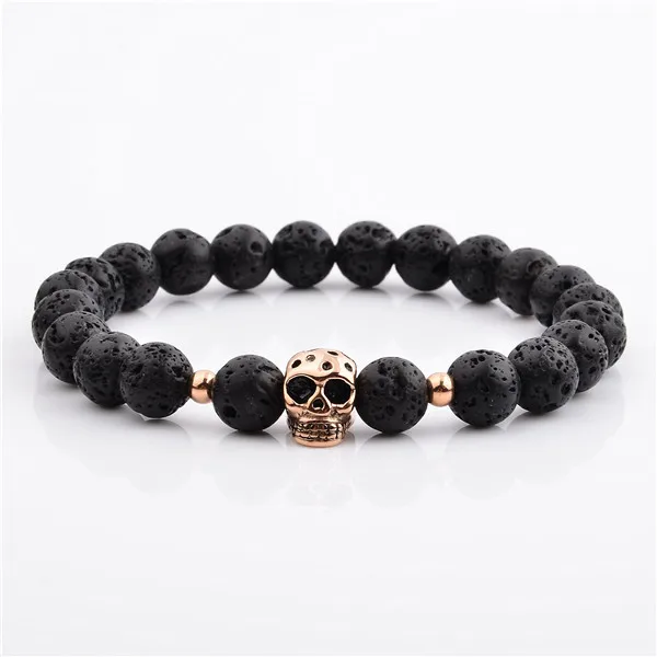 8MM Lava Stone Natural Stone Bracelet Stainless Steel Skull Rose Gold Plated bead bracelet for men