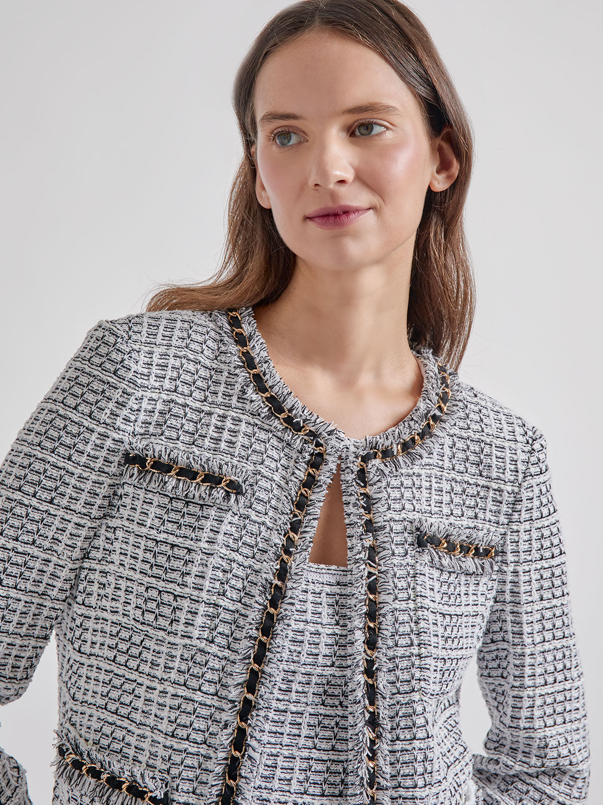 Heritage Chain & Fringe Trim Tweed Knit Jacket - Vanity Fit